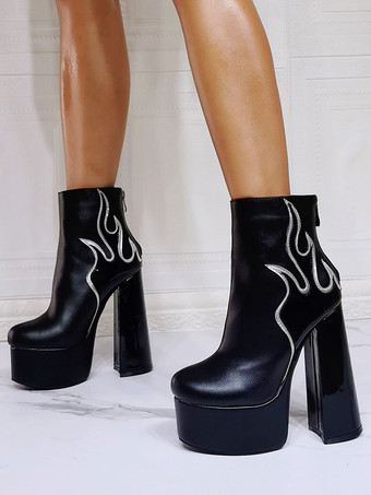 メンズ セクシーブーツ ブーティ 幾何学模様 ラウンドトゥ チャンキーヒール ホワイト フレイムパターン PUレザー ブラック アンクルブーツ