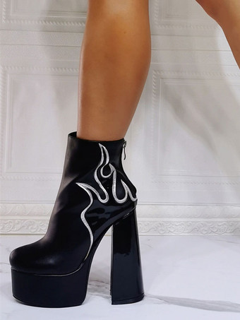 メンズ セクシーブーツ ブーティ 幾何学模様 ラウンドトゥ チャンキーヒール ホワイト フレイムパターン PUレザー ブラック アンクルブーツ