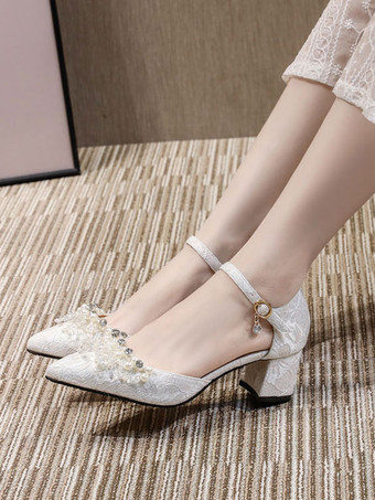 女性ハイヒールホワイトミッドローチャンキーヒールポインテッドトゥスリッポングラマラスパールホワイトパンプスアンクルストラップヒール