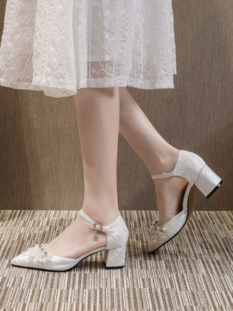 女性ハイヒールホワイトミッドローチャンキーヒールポインテッドトゥスリッポングラマラスパールホワイトパンプスアンクルストラップヒール