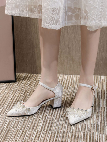 女性ハイヒールホワイトミッドローチャンキーヒールポインテッドトゥスリッポングラマラスパールホワイトパンプスアンクルストラップヒール