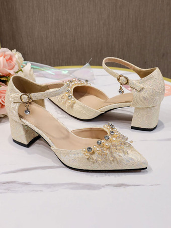 女性ハイヒールホワイトミッドローチャンキーヒールポインテッドトゥスリッポングラマラスパールホワイトパンプスアンクルストラップヒール