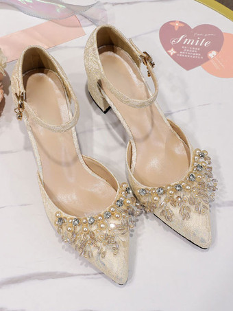 女性ハイヒールホワイトミッドローチャンキーヒールポインテッドトゥスリッポングラマラスパールホワイトパンプスアンクルストラップヒール