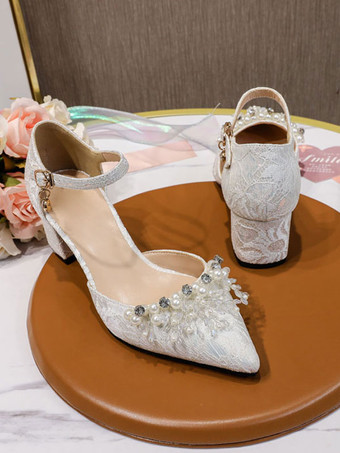 女性ハイヒールホワイトミッドローチャンキーヒールポインテッドトゥスリッポングラマラスパールホワイトパンプスアンクルストラップヒール