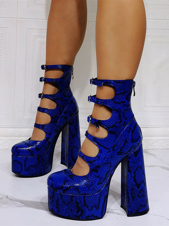 ブルー レディース アンクルブーツ レッド チャンキーヒール プラットフォーム カットアウト バックルディテール サンダル ブーティ