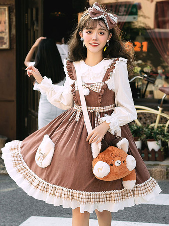 Sweet Lolita JSK Dress Coffee Brown Polyester Lace Up Ruffles