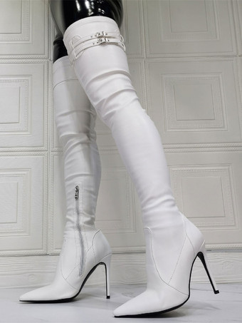 オーバーニーブーツ ポインテッドトゥ スティレットヒール PU レザー サイハイ ブーツ プラスサイズ 女性 ホワイト