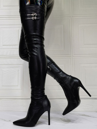 オーバーニーブーツ ポインテッドトゥ スティレットヒール PU レザー サイハイ ブーツ プラスサイズ 女性 ホワイト