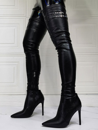 オーバーニーブーツ ポインテッドトゥ スティレットヒール PU レザー サイハイ ブーツ プラスサイズ 女性 ホワイト