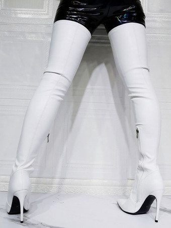 女性オーバー ニー ブーツ プラス サイズ スティレット ヒール PU レザー ブラック サイハイ ブーツ