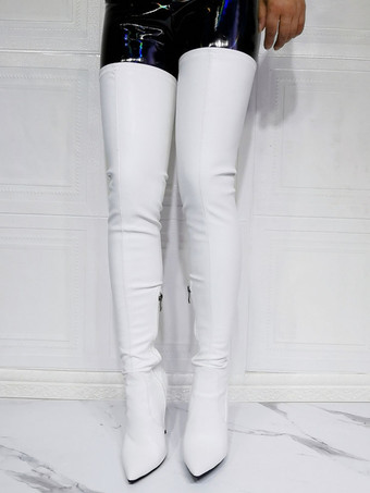 女性オーバー ニー ブーツ プラス サイズ スティレット ヒール PU レザー ブラック サイハイ ブーツ