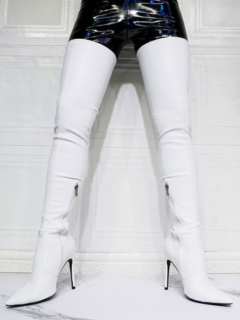 女性オーバー ニー ブーツ プラス サイズ スティレット ヒール PU レザー ブラック サイハイ ブーツ