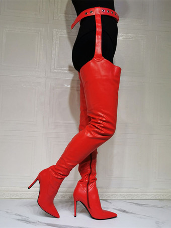 ニーブーツプラスサイズの女性スティレットヒールPUレザーレッドサイハイブーツ