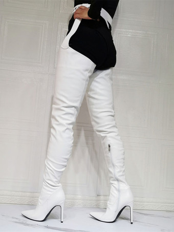 ニーブーツプラスサイズの女性スティレットヒールPUレザーレッドサイハイブーツ