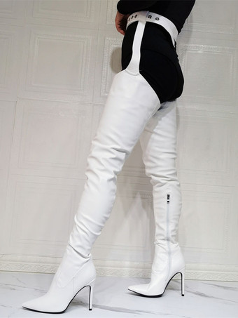 ニーブーツプラスサイズの女性スティレットヒールPUレザーレッドサイハイブーツ