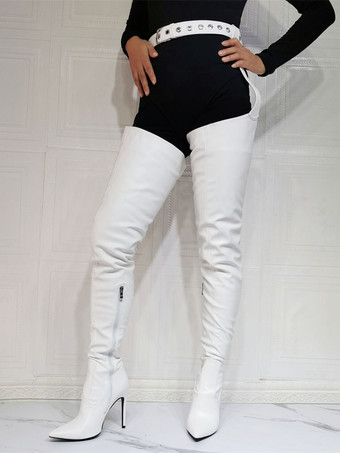 ニーブーツプラスサイズの女性スティレットヒールPUレザーレッドサイハイブーツ