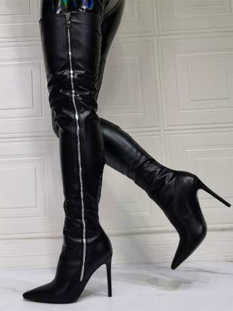 ニーブーツプラスサイズの女性スティレットヒールPUレザーブラックサイハイブーツ
