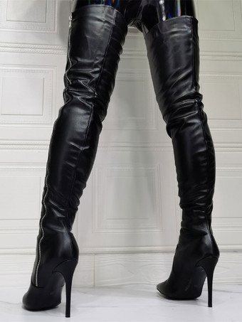 ニーブーツプラスサイズの女性スティレットヒールPUレザーブラックサイハイブーツ