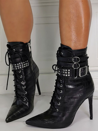 女性のブーツ先のとがったつま先スティレットヒールPUレザーハイトップブラックアンクルブーツ
