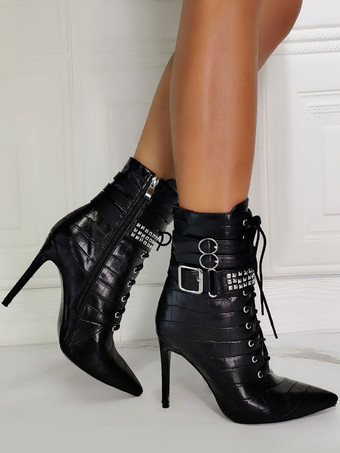 女性のブーツ先のとがったつま先スティレットヒールPUレザーハイトップブラックアンクルブーツ