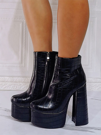 女性のブーツ幾何学的な丸いつま先チャンキーヒールPUレザーブラックアンクルブーツ