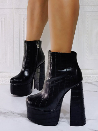 女性のブーツ幾何学的な丸いつま先チャンキーヒールPUレザーブラックアンクルブーツ