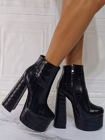 女性のブーツ幾何学的な丸いつま先チャンキーヒールPUレザーブラックアンクルブーツ
