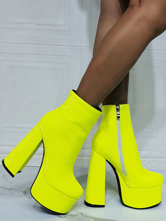 女性のブーティー幾何学的なラウンド トゥ チャンキー ヒール PU レザー イエロー アンクル ブーツ