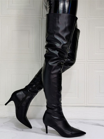 ニーブーツプラスサイズの女性スティレットヒールPUレザーブラックサイハイブーツ