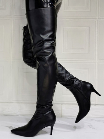 ニーブーツプラスサイズの女性スティレットヒールPUレザーブラックサイハイブーツ