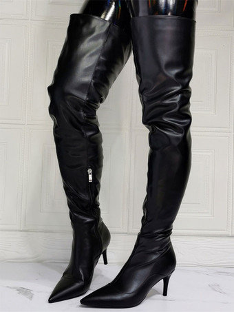 ニーブーツプラスサイズの女性スティレットヒールPUレザーブラックサイハイブーツ