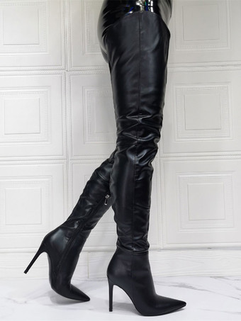女性オーバー ニー ブーツ プラス サイズ スティレット ヒール PU レザー ブラック サイハイ ブーツ
