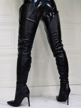 女性オーバー ニー ブーツ プラス サイズ スティレット ヒール PU レザー ブラック サイハイ ブーツ