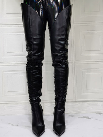 女性オーバー ニー ブーツ プラス サイズ スティレット ヒール PU レザー ブラック サイハイ ブーツ