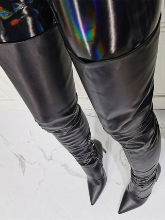 ニーブーツプラスサイズの女性スティレットヒールPUレザーブラックサイハイブーツ