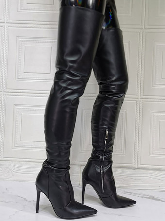 ニーブーツプラスサイズの女性スティレットヒールPUレザーブラックサイハイブーツ