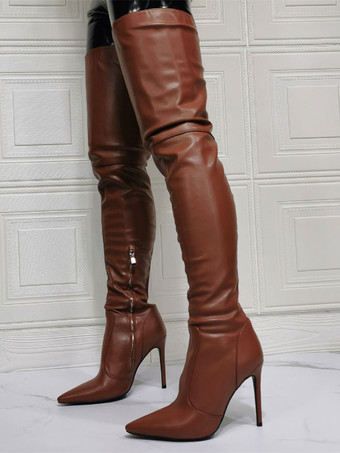 オーバー ニー ブーツ スティレット ヒール サイハイ ブーツ プラス サイズ PU レザー コーヒー色 女性