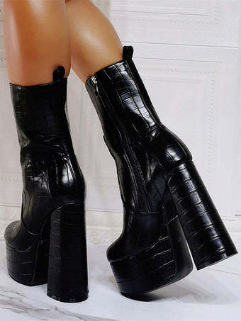 女性ブーティーラウンドトゥチャンキーヒール PU レザーブラックアンクルブーツ