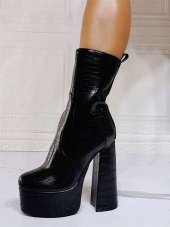 女性ブーティーラウンドトゥチャンキーヒール PU レザーブラックアンクルブーツ