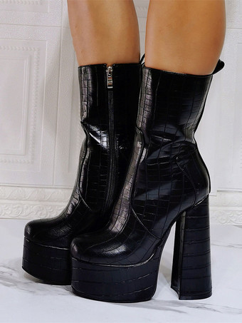 女性ブーティーラウンドトゥチャンキーヒール PU レザーブラックアンクルブーツ