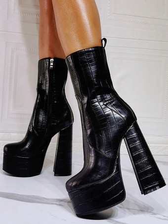 女性ブーティーラウンドトゥチャンキーヒール PU レザーブラックアンクルブーツ