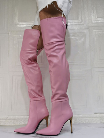 ニーブーツプラスサイズの女性スティレットヒールPUレザーライトピンクサイハイブーツ