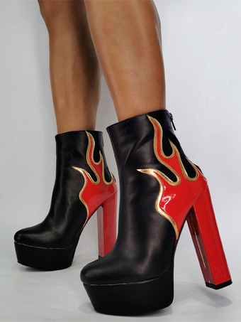 レッド メンズ セクシーブーツ ブーティ 幾何学模様 ラウンドトゥ チャンキーヒール PUレザー ピンク アンクルブーツ