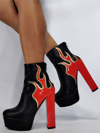 メンズ セクシーブーツ ブーティ 幾何学模様 ラウンドトゥ チャンキーヒール PUレザー ピンク アンクルブーツ