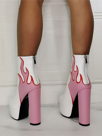 メンズ セクシーブーツ ブーティ 幾何学模様 ラウンドトゥ チャンキーヒール PUレザー ピンク アンクルブーツ