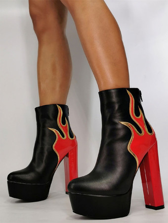 メンズ セクシーブーツ ブーティ 幾何学模様 ラウンドトゥ チャンキーヒール PUレザー ピンク アンクルブーツ