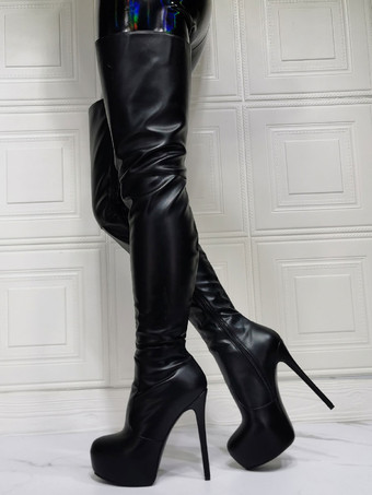 女性オーバー ニー ブーツ プラス サイズ スティレット ヒール PU レザー ブラック サイハイ ブーツ