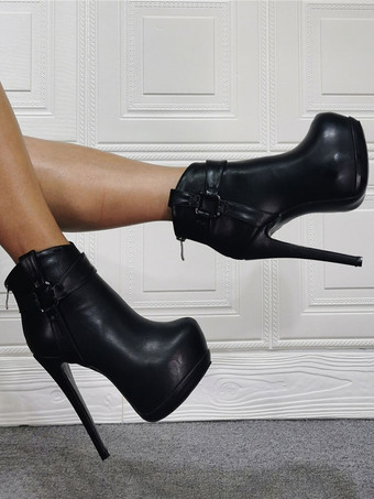 女性のブーツプラットフォームスティレットヒール幾何学的な丸いつま先PUレザーハイトップブラックアンクルブーツ