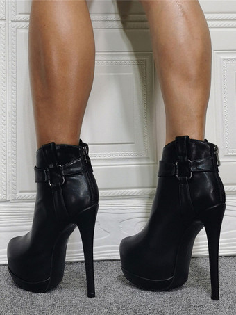 女性のブーツプラットフォームスティレットヒール幾何学的な丸いつま先PUレザーハイトップブラックアンクルブーツ