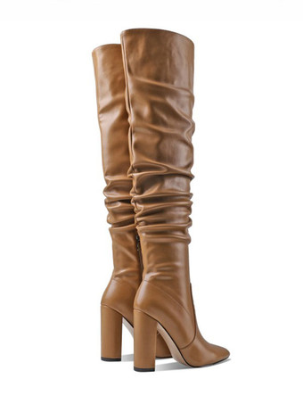 ブラウン 女性オーバーザニーブーツチャンキーヒールPUレザーブラックサイハイブーツ